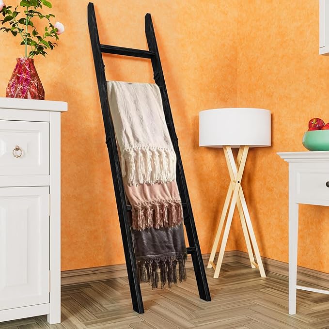 Wooden Blanket Ladder for Living Room 6-Tier, Decorative Ladder Blanket Rack & Quilt Ladder Decor with Removable Hooks, Farmhouse Wood Ladder, Easy Assembly, Anti-Slip Sturdy Blanket Holder, 68 Inch.