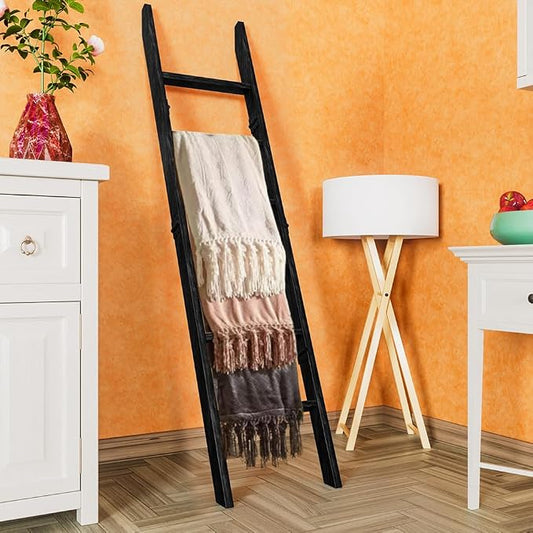 Wooden Blanket Ladder for Living Room 6-Tier, Decorative Ladder Blanket Rack & Quilt Ladder Decor with Removable Hooks, Farmhouse Wood Ladder, Easy Assembly, Anti-Slip Sturdy Blanket Holder, 68 Inch.