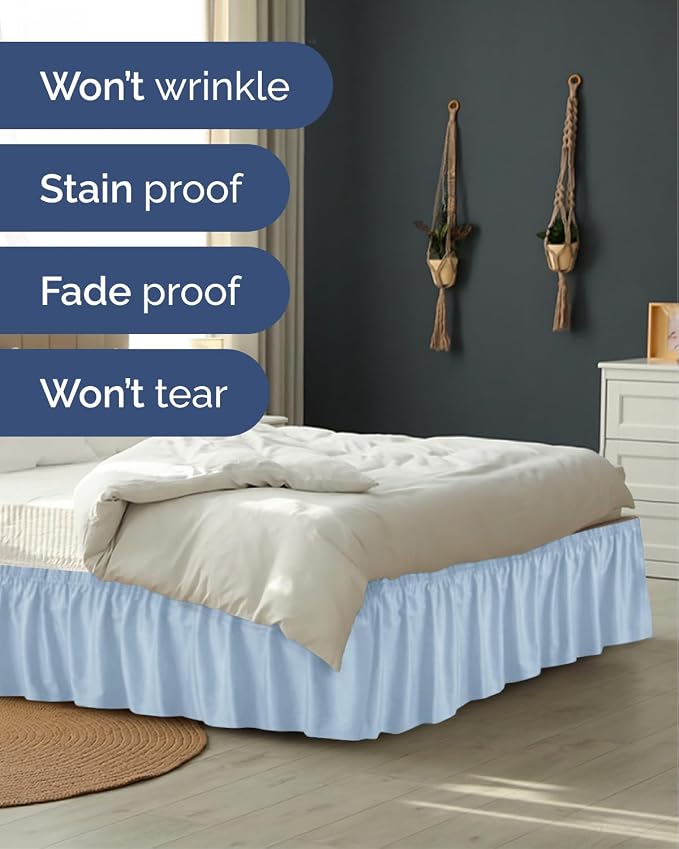 Wrap Around Dust Ruffle Bed Skirt - Sky Blue - for Twin Size Beds w/ 9 Inch Drop - Easy Fit Elastic Strap - Adjustable Pleated Bedskirt with Brushed Fabric - Wrinkle-Free - Women, Men, Kids & Teens