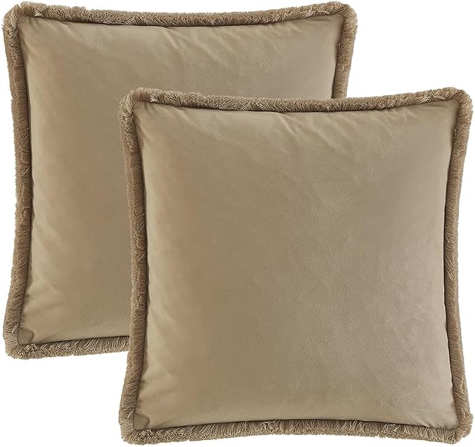 JUSPURBET Stone Velvet Throw Pillow Covers 26x26 Inch Set of 2 with Soft Tassel Fringe Luxury Boho Pillowcase for Sofa Couch Bed Home Decor Machine Washable