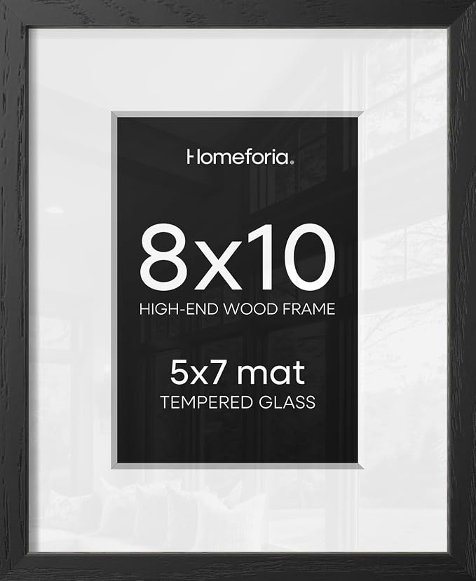 Homeforia 8x10 Black Oak Picture Frame, High-End Wood, 5x7 Mat, Glass