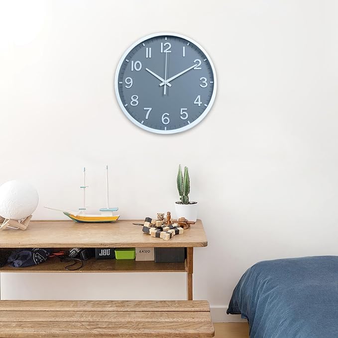 Wall Clocks Battery Operated 12 inch Modern Wall Clock,Silent Non Ticking Wall Clock for Living Room Bedroom Kitchen Office Classroom Decor (Gray White)