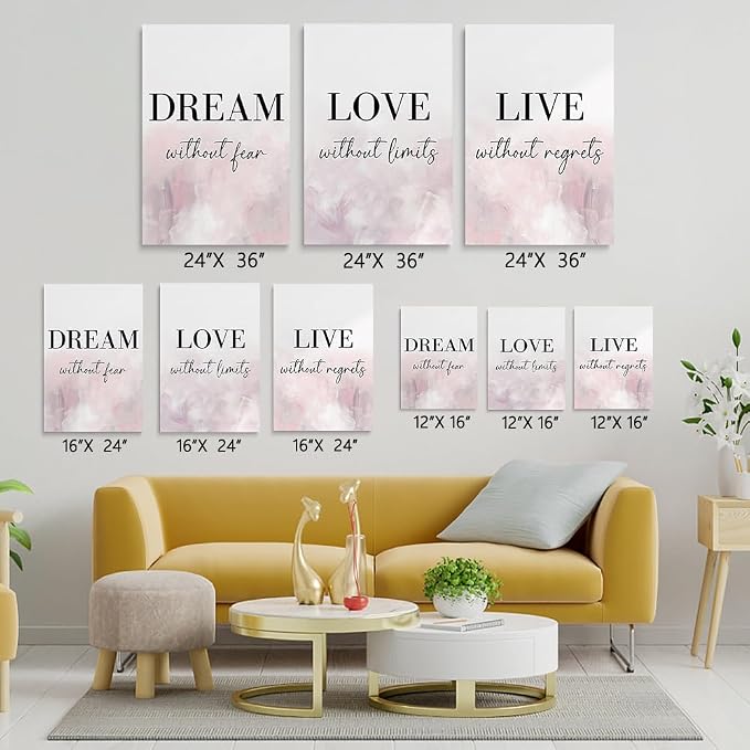 GUBIYU Dream Love Live Quotes Posters Prints Set of 3 Pink Purple Brushstroke Style,Home Decor Wall Art, Dream Without Fear, Love Without Limits, Live Without Regrets Inspirational Wall Decor 12"X16"