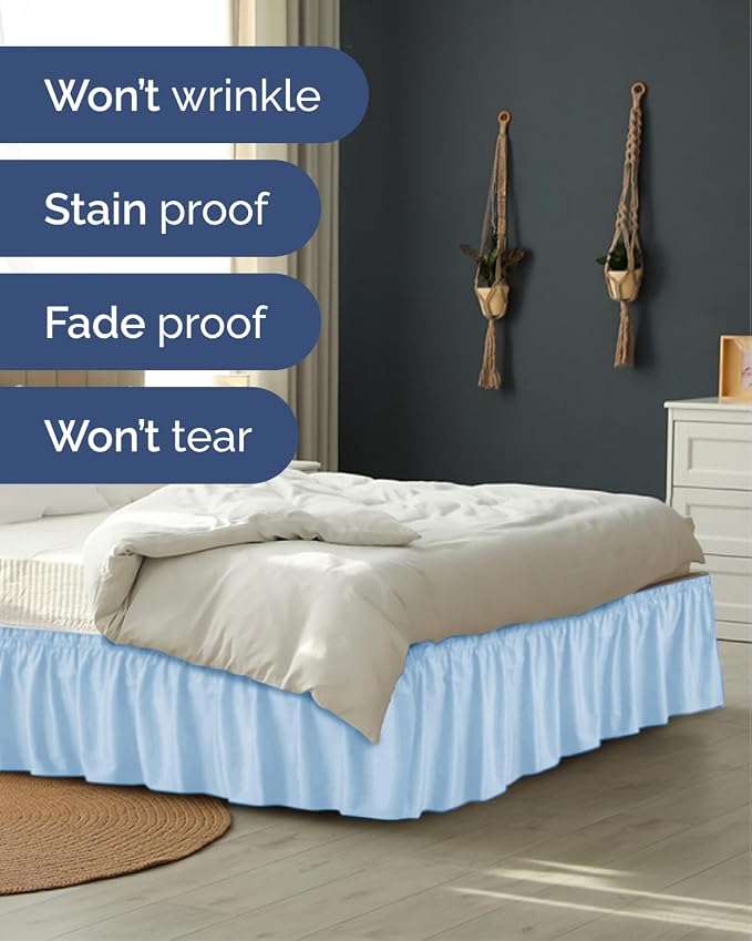 Wrap Around Dust Ruffle Bed Skirt, Queen Size - 18 Inch Drop, Light Blue | Easy Fit Elastic Strap, Adjustable Pleated Bedskirt w/Brushed Fabric, Wrinkle & Fade Free, for Women, Men, Kids & Teens