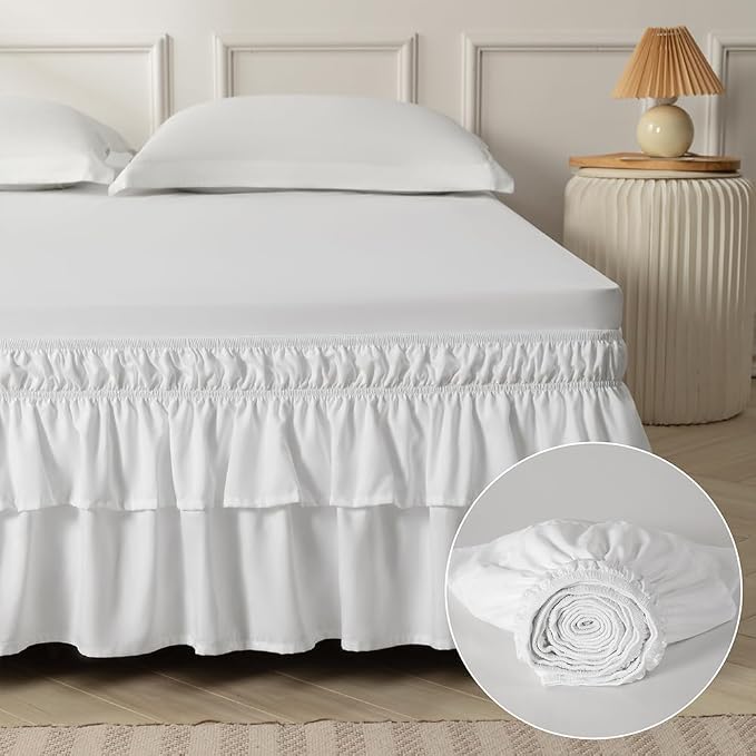 Double-Layered Ruffled Bed Skirt,White,Full/Queen, 14" Drop | Wrap Around, Adjustable Elastic, 2 Layer, Machine Washable Soft Fabric, Multi Ruffle Bedskirt
