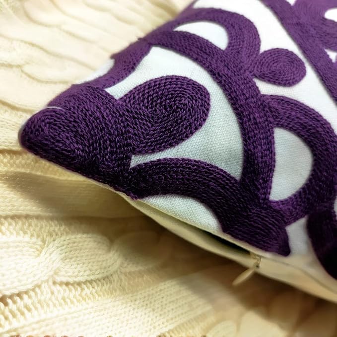 Alysheer Embroidered Decorative Throw Pillow Cover 20"x 20", Boho Mandala Modern Thick Embroidery Pattern, Durable Cotton Canvas Soft Cushion Case for Sofa Couch Bed Living Room (Dark Purple)