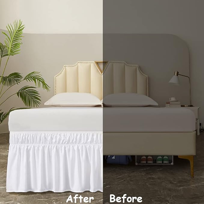 MEILA Wrap Around Elastic Bed Skirt for Twin & Full Beds, 16" Drop, White | Three-Side Adjustable Elastic Dust Ruffle, Ruffled Polyester Fabric, Easy to Install, Fade Resistant & Machine Washable