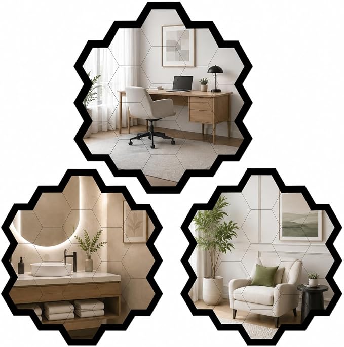 3pcs Hexagon Wall Mirror Decor, Self Adhesive Mirror Stickers, Decorative Mirror Tiles for Bedroom Bathroom Living Room Entryway Modern Moroccan Boho Wall Accents
