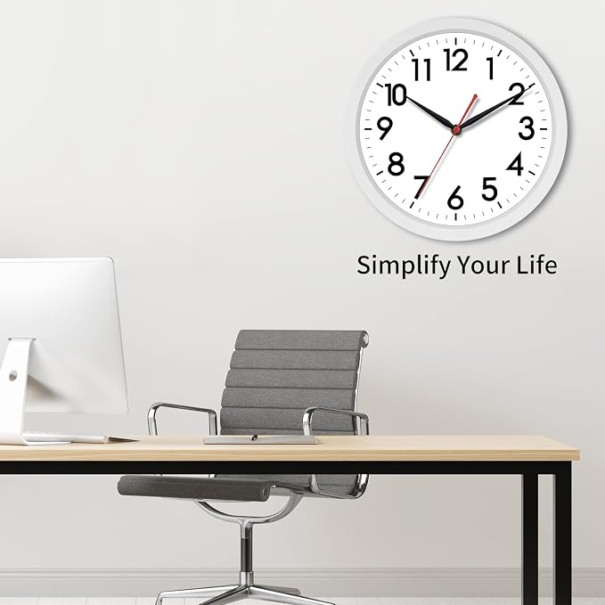 AKCISOT 10 Inch Wall Clock, Silent Battery Operated Analog Clock, White | Classroom | Kitchen | Office | Easy to Read Numbers | Garage