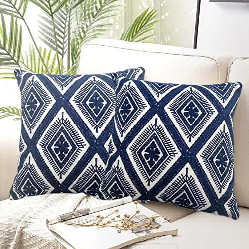 Alysheer Boho Embroidered Throw Pillow Cover 18"x18" Set of 2, Navy Blue