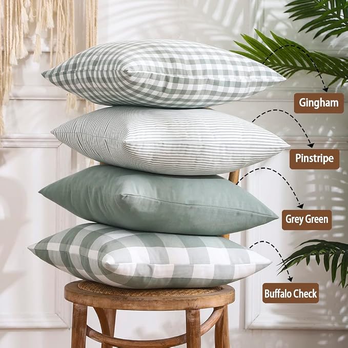 CARRIE HOME Green Plaid 20x20 Throw Pillow Covers Set of 4, Farmhouse Throw Pillows Light Green Checkered Decorative Couch Pillows Set of 4, Green and White Pillow Cover for Bed (No Pillow Inserts)