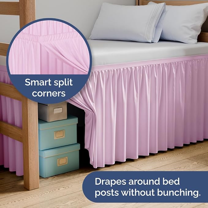 Dorm Room Bed Skirt Full XL - College Dorm Essentials - Light Pink, 30 Inch | Extra Long Dust Ruffled College Bedskirt with Split Corners, Easy Fit Elastic Strap, Adjustable, Fade & Wrinkle Free