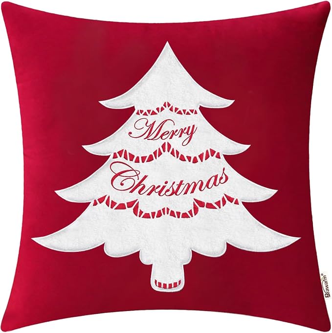 BRAWARM Christmas Pillow Cover 20 X 20 Inches, Christmas Red Christmas Tree Embroidered Pillow Cover, Soft Velvet Decorative Throw Pillow for Couch Bed Sofa Living Room Home