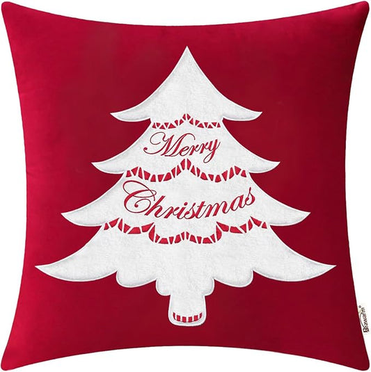 BRAWARM Christmas Pillow Cover 18 X 18 Inches, Christmas Red Christmas Tree Embroidered Pillow Cover, Soft Velvet Decorative Throw Pillow for Couch Bed Sofa Living Room Home