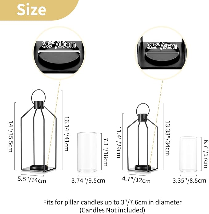 NUPTIO Decorative Lantern Candle Holder: Black Lantern with Hurricane Glass | Hanging Lanterns Decor 2 Pcs for Outdoor, Farmhouse Pillar Stand for Halloween Christmas Wedding Home Fireplace