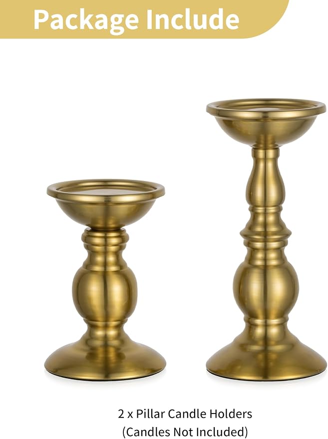 NUPTIO Gold Candle Holder for Table: Tall Brass Stand for 3" Pillars