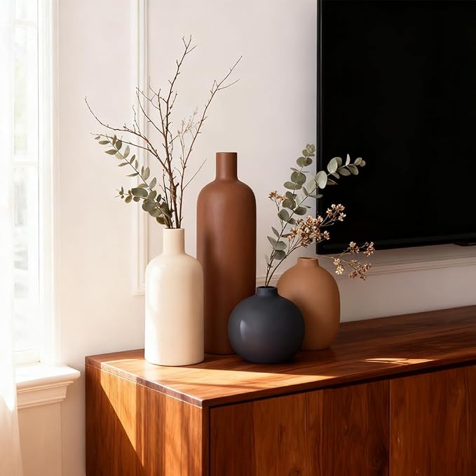 Ceramic Vase Set of 4, Neutral Flower Vase Home Decor, Rustic Modern Farmhouse Decor Pottery Vases for Bedroom,Living Room,Bookshelf Decoration, Centerpiece Table Decor,Boho Decor