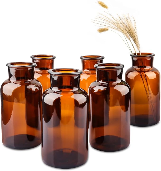 PINIWON Set of 6 Amber Bud Vases, Vintage Small Glass Vases | Medicine Bottles Apothecary Jars with Brush, Flower Vases for Home Decor, Wedding Centerpieces