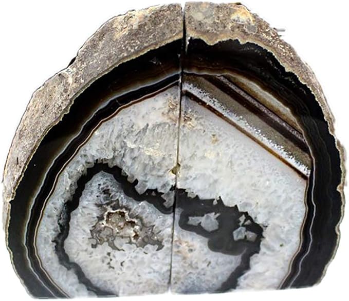 JIC Gem Black Agate Geode Bookends Rubber Bumpers Heavy Stoppers 4-6 Lbs | Heavy duty crystal Book ends Heavy Book stoppers Home office Shelf Decor Polished gemstone decorative bookends
