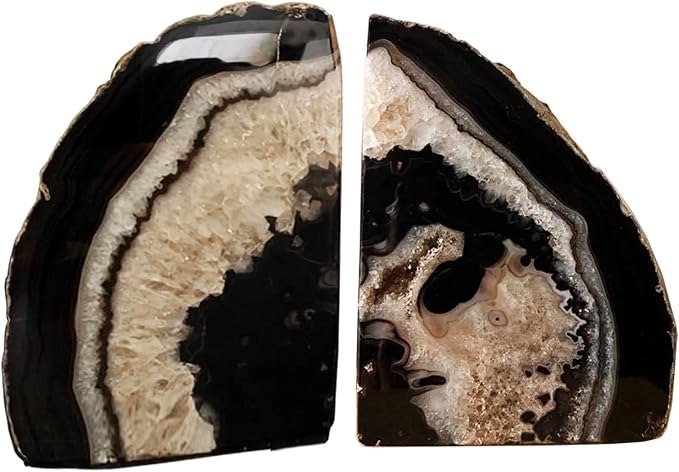 Natural Agate Bookends Heavy Geode Stone Book End Holders Decorative | Polished Stone Book Stoppers Supports Home Office Decor with Rubber Bumpers Natural Black 1 Pair, 3-4 LBS