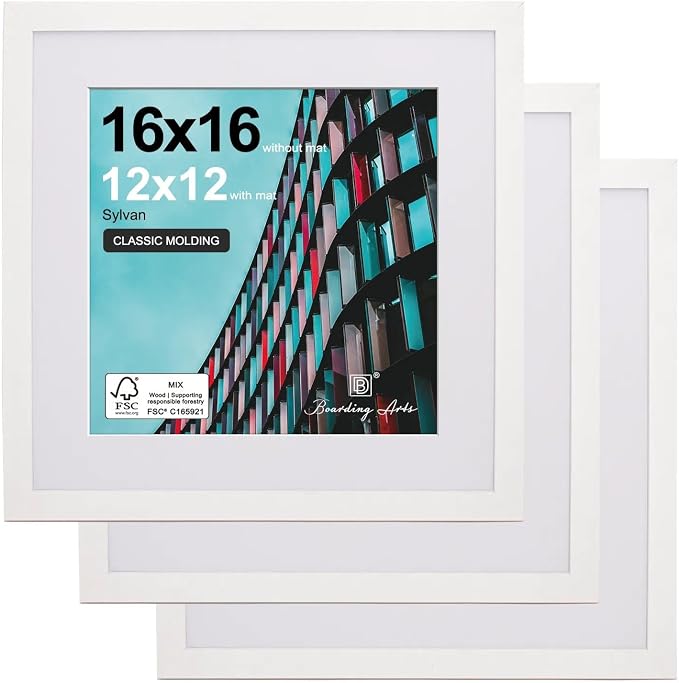 16x16 Picture Frame-White,12x12 Mat,Engineered Wood,Polished Plexiglass