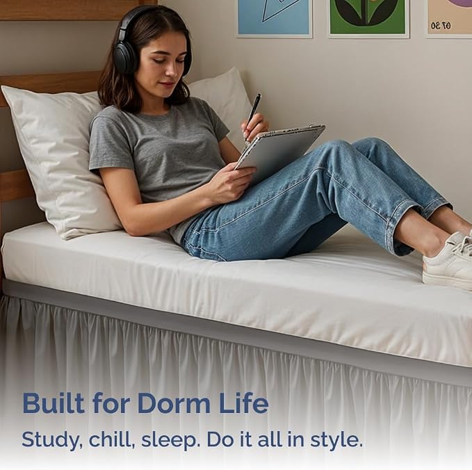 Dorm Room Bed Skirt Full XL - College Dorm Essentials - Dark Grey, 30 Inch | Extra Long Dust Ruffled College Bedskirt with Split Corners, Easy Fit Elastic Strap, Adjustable, Fade & Wrinkle Free