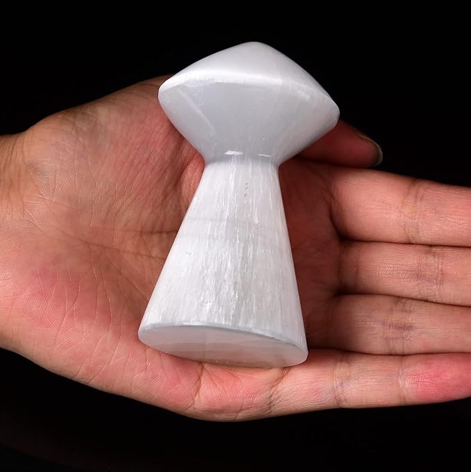 JIC Gem USB Selenite Lamp White Mushroom Small Selenite Crystal Lamp 3.1 Inch with Wooden Light Stand Base