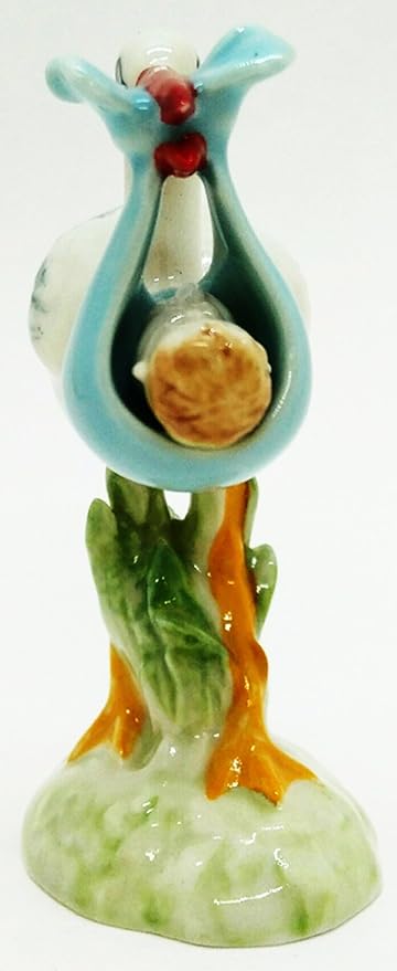 WitnyStore Tiny 3½" High White Stork Bringing Baby in Blue Bundle Figurine - Miniature Hand Made Ceramic Birds Aves Colorful Porcelain Feathered Animals Cute Decorative Collectible Figures Décor Gifts