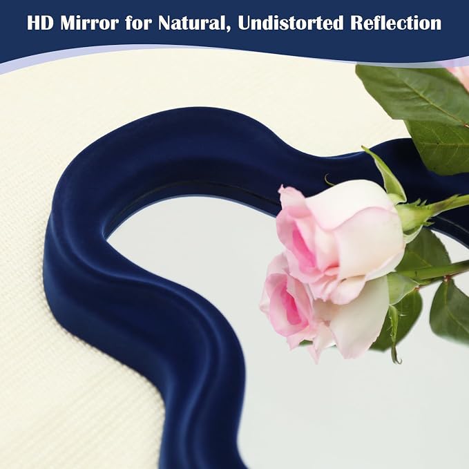 Irregular Wall Mirror Living Room Decor, Decorative Wavy Funky Mirrors with Flocking Touch, Modern Asymmetrical Mirror for Hallway Entryway Staircase Bathroom Bedroom (Dark Blue)