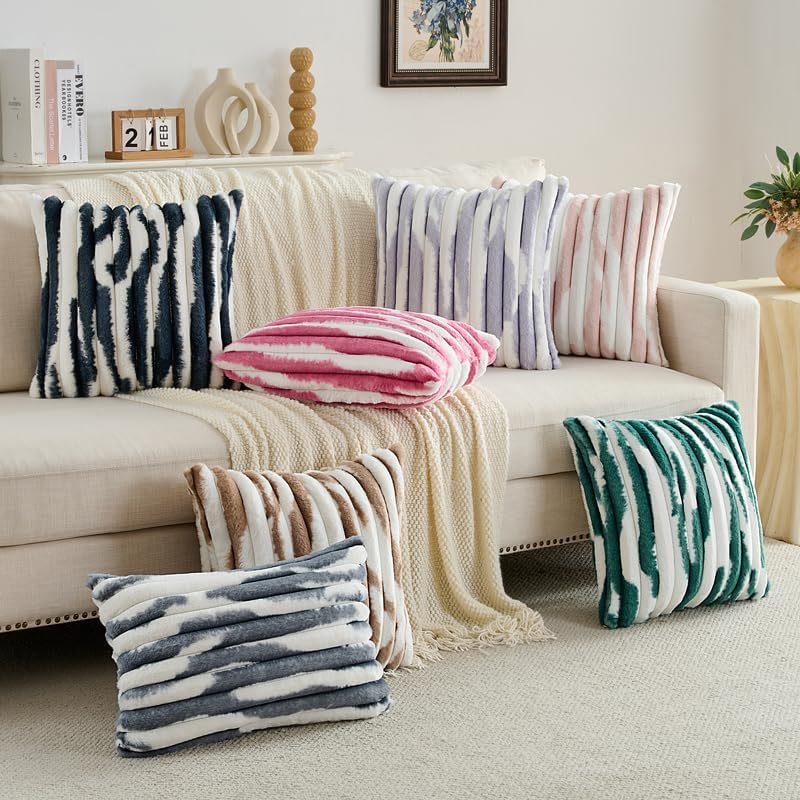 FUTEI Pack of 2 Faux Fur Throw Pillow Covers 20x20 Inch, Pink White