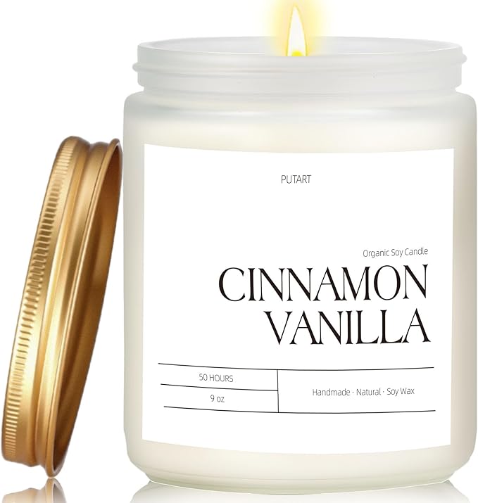 Cinnamon Vanilla Candles for Home Scented, 9oz Non Toxic Soy Candle | Natural Aromatherapy Heavy Scented Candle with Essential Oil, Home Fragrance Stress Relief Jar Candles Gifts for Women & Men