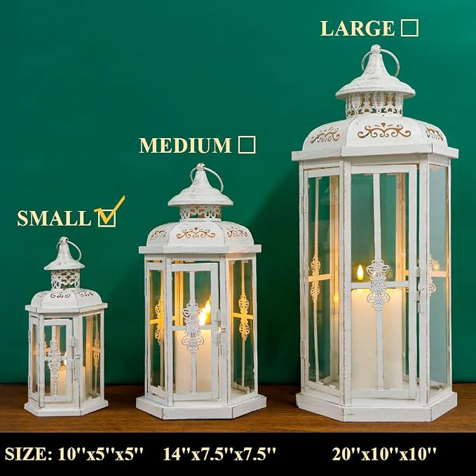 JHY DESIGN Decorative Candle lantern-10inch High Vintage Style Hanging Lantern Metal Candleholder for Indoor Outdoor Events Parities and Weddings (White with Gold Brush)