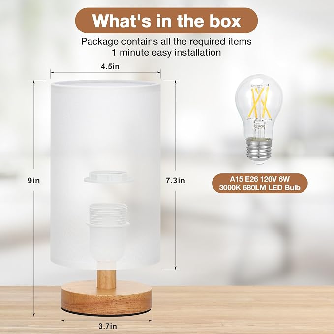 Fenmzee Small Table Lamps (White Shade - Wood Base, 9" Inline Control)