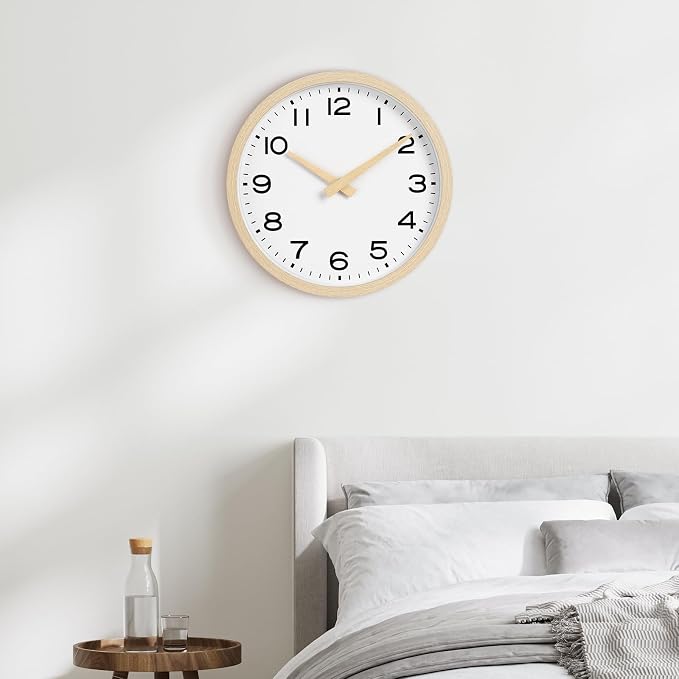 AKCISOT 10 Inch Wall Clock, Silent Battery Operated Analog Clock, Natural | Classroom | Kitchen | Office | Easy to Read Numbers | Garage