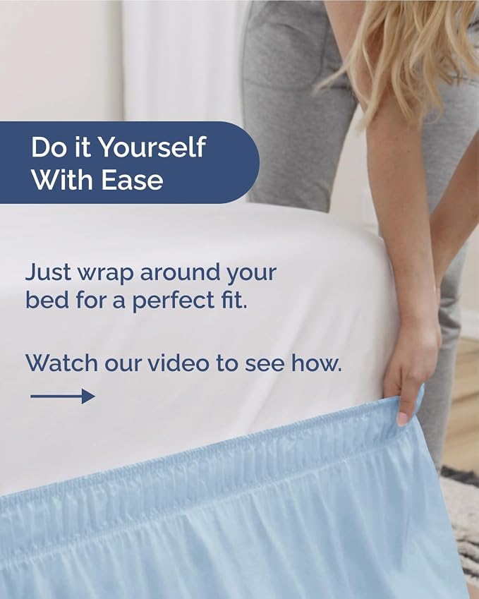 Wrap Around Dust Ruffle Bed Skirt, Queen Size Beds - 12 Inch Drop, Sky Blue | Easy Fit Elastic Strap, Adjustable Pleated Bedskirt w/Brushed Fabric, Wrinkle & Fade Free, for Women, Men, Kids & Teens