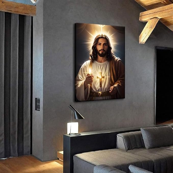 Jesus Canvas Wall Art Sacred Light God Poster Catholic Faith Decor Print | Framed Sacred Cross God Poster Christian Jesus Lights Candles Painting Wall Decor for Prayer Room Bedroom Church 24x36In