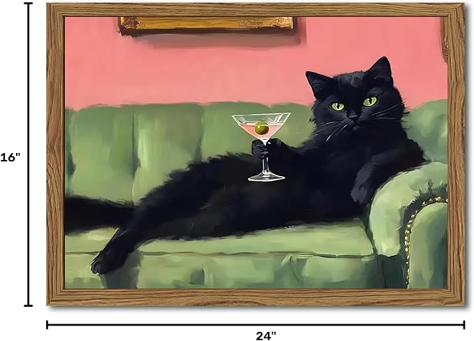 Funny Black Cat Martini Wall Art, Bar Cart Decor, Eclectic Cocktail Painting Canvas Print, Cute Animal Artwork Picture for Bedroom Living Room Kitchen 16x24 inch Wood Framed