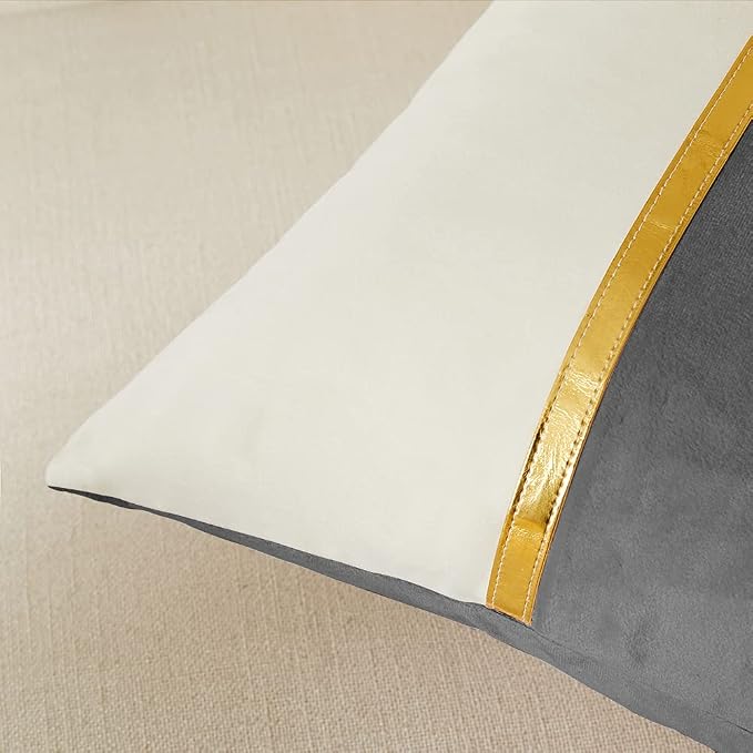 Fancy Homi 2 Packs Grey Decorative Throw Pillow Covers 18x18 Inch for Living Room Couch Bed, Velvet Patchwork with Gold Leather, Luxury Modern Farmhouse Home Decor, Accent Cushion Case 45x45 cm