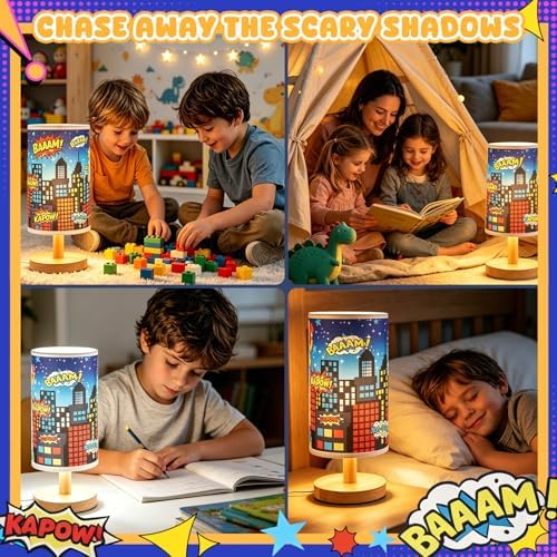 City Table Lamp for Kids Bedroom, 3-Way Dimmable Bedside Lamp with Wooden Base and Fabric Shade, Comic Book Night Light for Boys Room Decor, Cartoon Skyline Lamp for Nursery Playroom