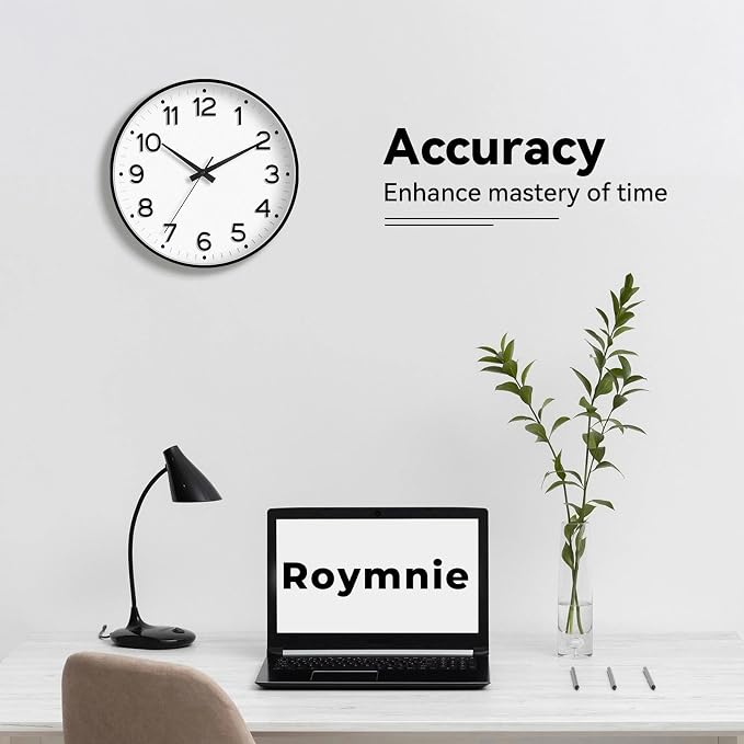 Roymnie 12 Inch Wall Clock Battery Operated Silent Non Ticking Analog | Black modern analog; large 3D easy-read dial for kitchen, office, bathroom & bedroom; 1 AA battery (not included)