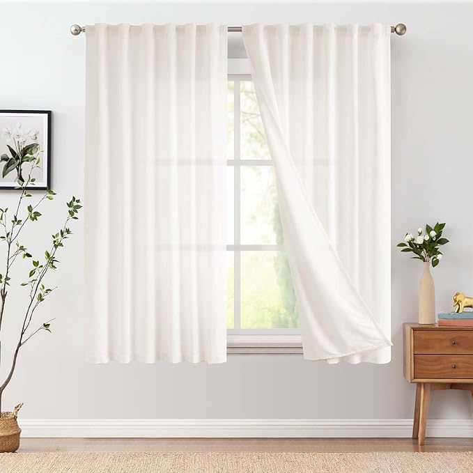 jinchan Lined Linen Curtains Privacy Back Tab 50x72 Inch 2 Panels Set White | Light Filtering Curtains with White Privacy Liner, Cottage Core Farmhouse Curtains for Living Room, Rod Pocket 72 Inch Length