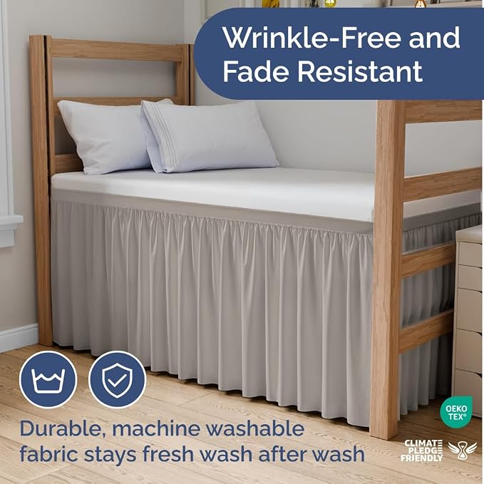 Dorm Room Bed Skirt Full XL - College Dorm Essentials - Light Grey, 36 Inch | Extra Long Dust Ruffled College Bedskirt with Split Corners, Easy Fit Elastic Strap, Adjustable, Fade & Wrinkle Free