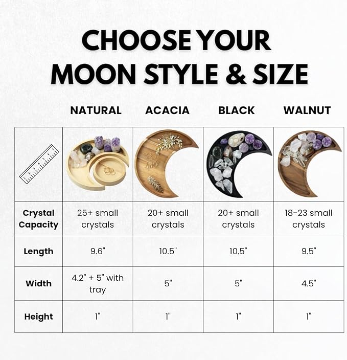 Acacia Wood Moon Crystal Display Tray - Natural Wooden Altar Tray 10.5" x 5" for Crystals and Stones Storage - Solid Wood Jewelry Organizer Dish - Boho Bedroom Decor
