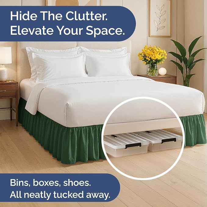 Bedskirt Queen Ruffle - Ruffled Bed Skirt - 12 Inch Drop - Emerald Green | Bedskirt with Platform, Ultra-Soft Premium Hotel Quality, Wrinkle Free, Fade & Shrink Resistant, for Women, Men, Kids & Teens
