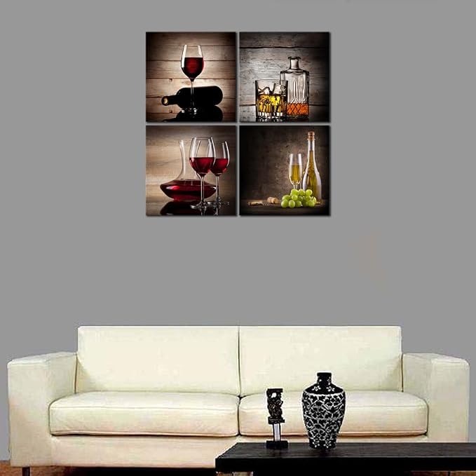 Wieco Art Red Wine Cups Large Modern 4 Panels Gallery Wrapped Abstract Giclee Canvas Prints Artwork Contemporary Vintage Pictures Paintings on Canvas Wall Art for Living Room Home Decor