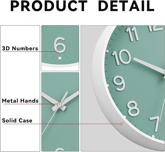Roymnie 8 Inch Wall Clock, Battery Operated Silent Non Ticking Analog | Mint Green modern analog; large 3D easy-read dial for kitchen, office, bathroom & bedroom; 1 AA battery (not included)