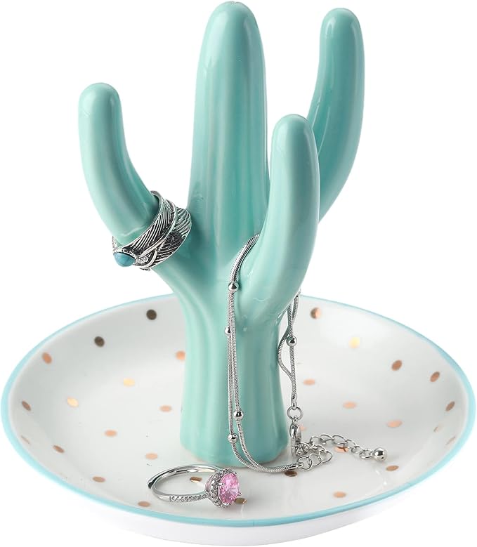 PUDDING CABIN Cactus Ring Holder, Birthday Gift for Women Her Mom Friend Female, Macaron Jewelry Dish with Dots Ins Room Decor Jewelry Dish for Rings Earrings Bracelets Necklace Organizer…