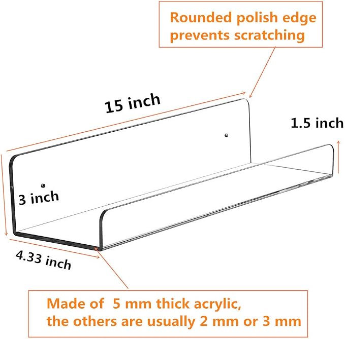 CY craft Clear Acrylic Floating Shelves Display Ledge, 5 MM Thick Wall Mounted Storage Shelf for Kitchen/Bathroom/Office,Invisible Kids Bookshelf and Spice Rack,15 Inch,Set of 4
