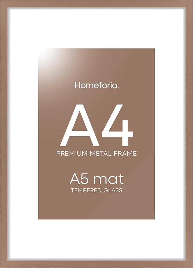 Homeforia A4 Mocha Picture Frame, High-End Metal, A5 Mat, Glass