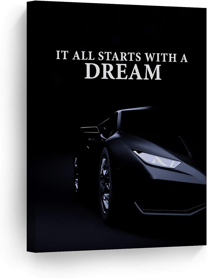 Smile Art Design It All Starts with a Dream Black Sports Car Luxury Motivational Wall Art Canvas Print Inspirational Wall Art Entrepreneur Quote Office Living Room Decor Gift Ready to Hang 36x24
